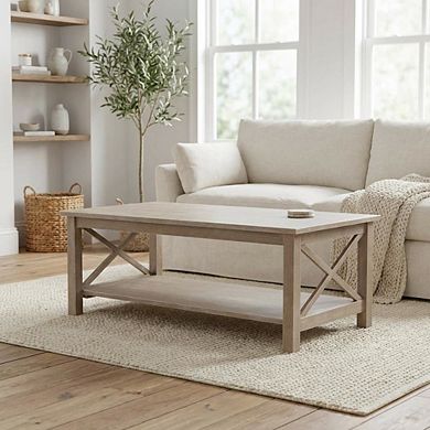 Hardwood Coffee Table Washed Gray Taupe with Durable Surface and Easy Care