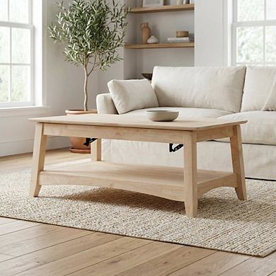 Unfinished Hardwood Coffee Table with Lift Top Storage and Durable Design