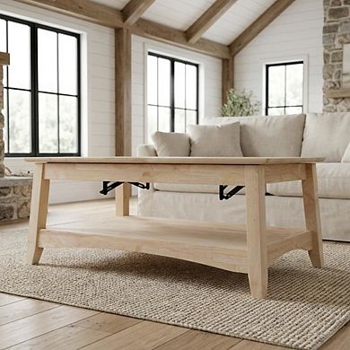 Unfinished Hardwood Coffee Table with Lift Top Storage and Durable Design