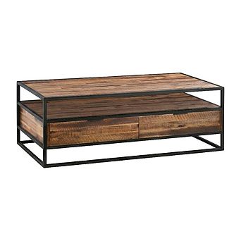 Rectangle Coffee Table in Rustic Acacia with Black Metal Frame and Storage Shelf