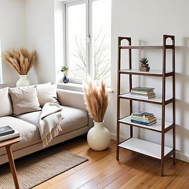 Ladder 5 Tier Open Bookcase with Wood Frame and White Top for Small Spaces