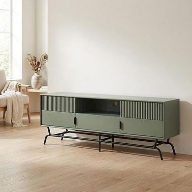 Sage Green and Black Wooden TV Stand with Multi-Storage Compartments