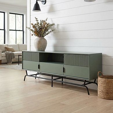 Sage Green and Black Wooden TV Stand with Multi-Storage Compartments