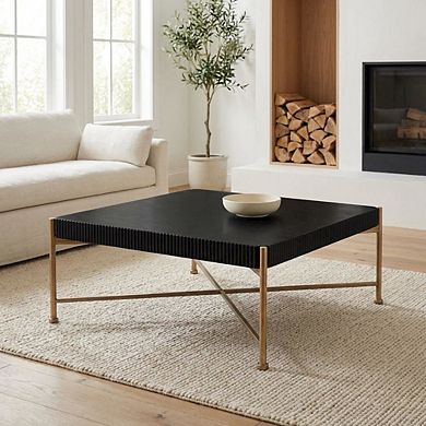 Black Square Coffee Table with Fir Wood Top and Steel Frame Modern Design