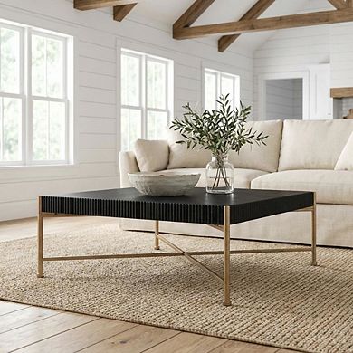 Black Square Coffee Table with Fir Wood Top and Steel Frame Modern Design