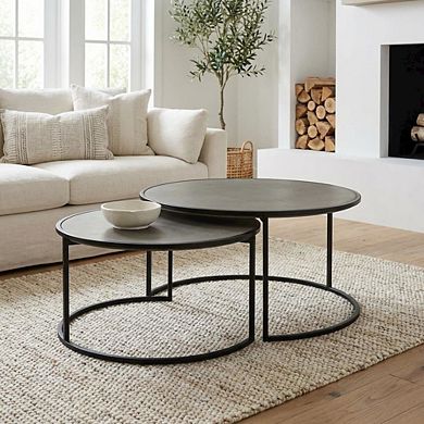 Concrete and Black Metal 2-Piece Nesting Coffee Table Set with Modern Design