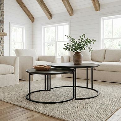 Concrete and Black Metal 2-Piece Nesting Coffee Table Set with Modern Design