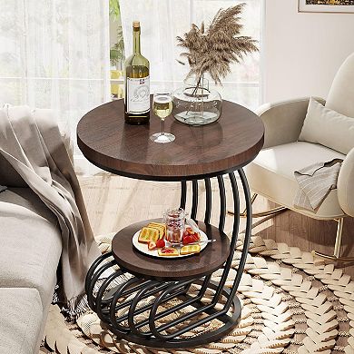 Rustic 2-Tier Round End Table for Living Room or Bedroom