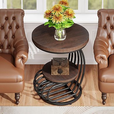 Rustic 2-Tier Round End Table for Living Room or Bedroom