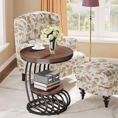 Rustic 2-Tier Round End Table for Living Room or Bedroom
