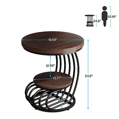 Rustic 2-Tier Round End Table for Living Room or Bedroom