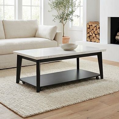 White Marble and Wood Coffee Table with Rectangle Top and Durable Build