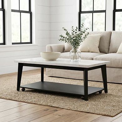 White Marble and Wood Coffee Table with Rectangle Top and Durable Build