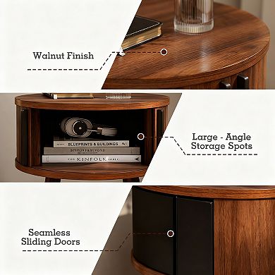 Mid-Century Walnut Side Table with Sliding Door