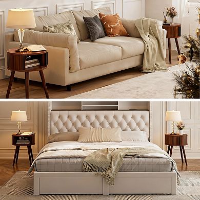 Mid-Century Walnut Side Table with Sliding Door