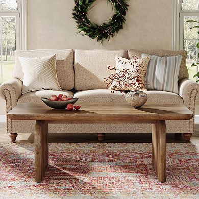 Wooden Farmhouse Coffee Table with Sturdy Base & Rounded Corners