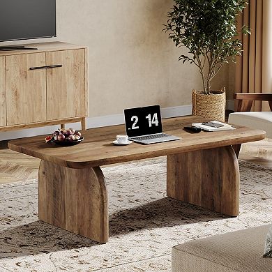 Wooden Farmhouse Coffee Table with Sturdy Base & Rounded Corners