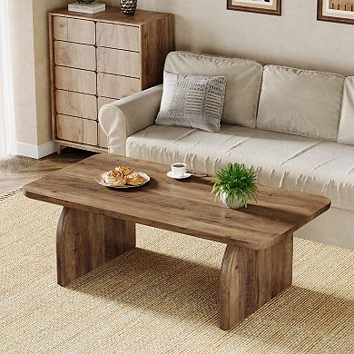 Wooden Farmhouse Coffee Table with Sturdy Base & Rounded Corners