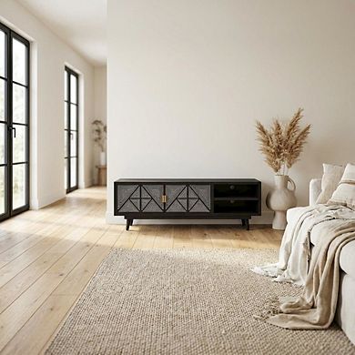 Black Art Deco TV Stand with 2 Doors and Engineered Wood Construction