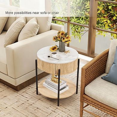 Living room with double-layer faux marble wooden side table; decorative table