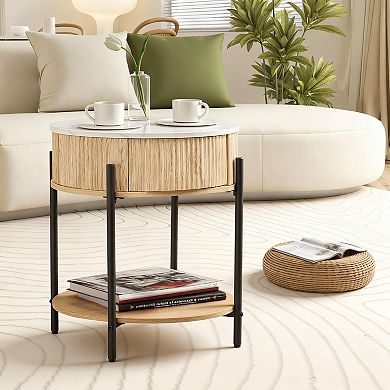 Living room with double-layer faux marble wooden side table; decorative table