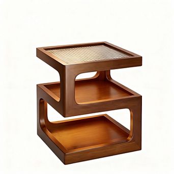 Solid wood side table, bedside cabinet, with automatic sensor light and open storage