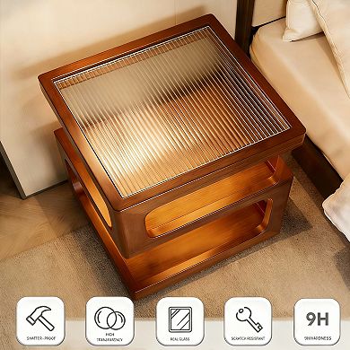 Solid wood side table, bedside cabinet, with automatic sensor light and open storage