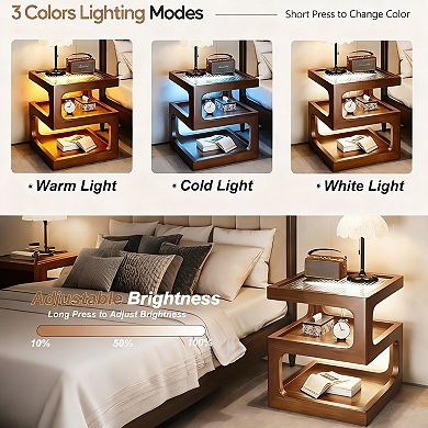 Solid wood side table, bedside cabinet, with automatic sensor light and open storage