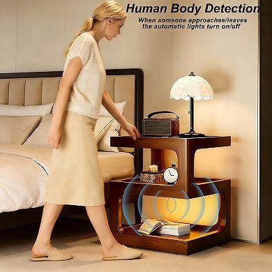 Solid wood side table, bedside cabinet, with automatic sensor light and open storage