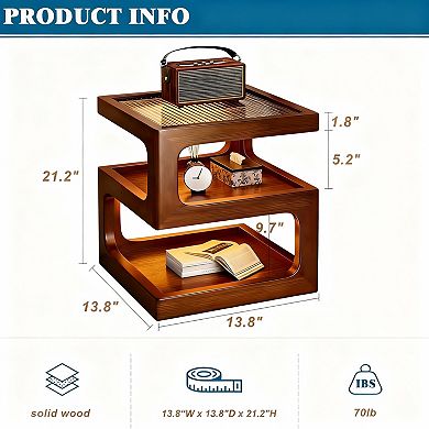 Solid wood side table, bedside cabinet, with automatic sensor light and open storage