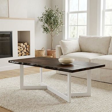 Brown Rubber Wood Coffee Table with Iron Frame and Contemporary Design