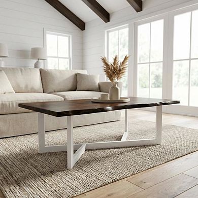Brown Rubber Wood Coffee Table with Iron Frame and Contemporary Design