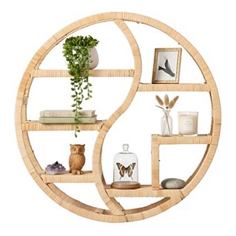 Vintiquewise Round Wall Shelf with 3 tier Wooden Display Sections Boho Circle Hanging Shelf
