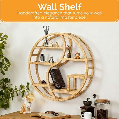 Vintiquewise Round Wall Shelf with 3-Tier Wooden Display Sections Boho Circle Hanging Shelf