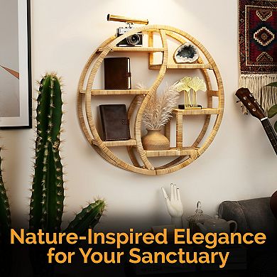 Vintiquewise Round Wall Shelf with 3-Tier Wooden Display Sections Boho Circle Hanging Shelf