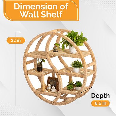 Vintiquewise Round Wall Shelf with 3-Tier Wooden Display Sections Boho Circle Hanging Shelf