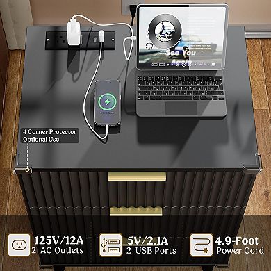 Three-drawer wood grain bedside table with charging station