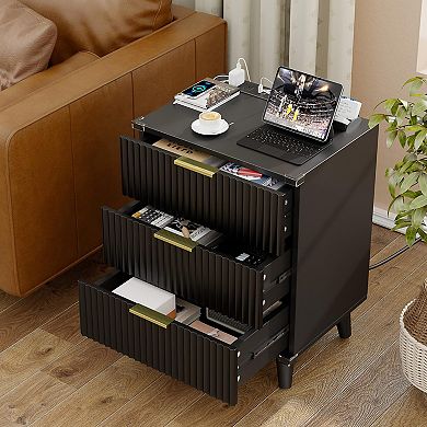 Three-drawer wood grain bedside table with charging station