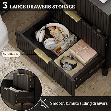 Three-drawer wood grain bedside table with charging station