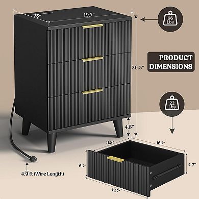 Three-drawer wood grain bedside table with charging station