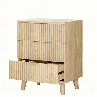 Three-drawer wood grain bedside table with charging station