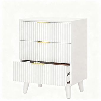 Three-drawer wood grain bedside table with charging station