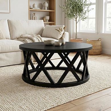Black Round Coffee Table with Parawood Top and Sturdy Base 68.5 lb Capacity