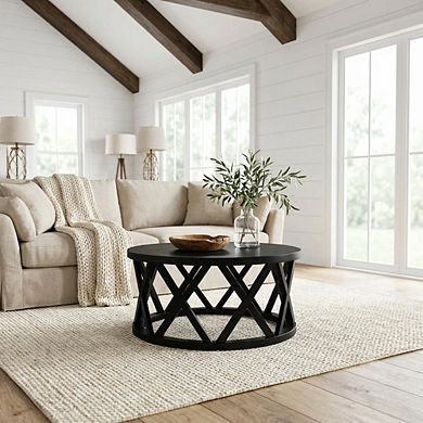 Black Round Coffee Table with Parawood Top and Sturdy Base 68.5 lb Capacity