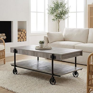 Brown Wood Coffee Table with Metal Black Wheels and Steel Frame