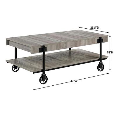 Brown Wood Coffee Table with Metal Black Wheels and Steel Frame
