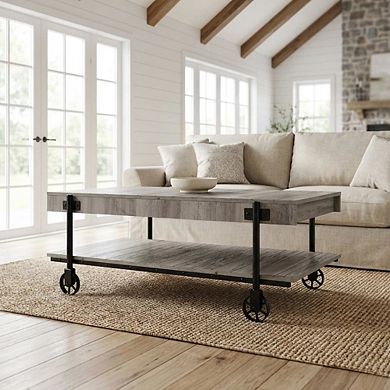 Brown Wood Coffee Table with Metal Black Wheels and Steel Frame