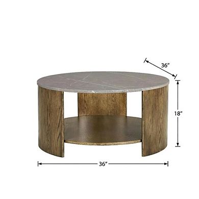 Brown Round Coffee Table with MDF and Marble Paper Top and Lower Shelf