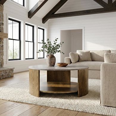 Brown Round Coffee Table with MDF and Marble Paper Top and Lower Shelf