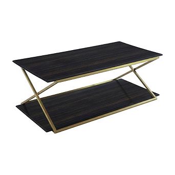 Dark Brown Veneer Coffee Table with Brushed Gold Metal Legs and Sturdy Design